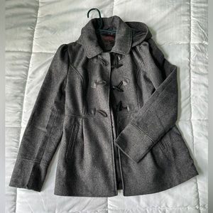 Grey dress coat with pockets and hood M